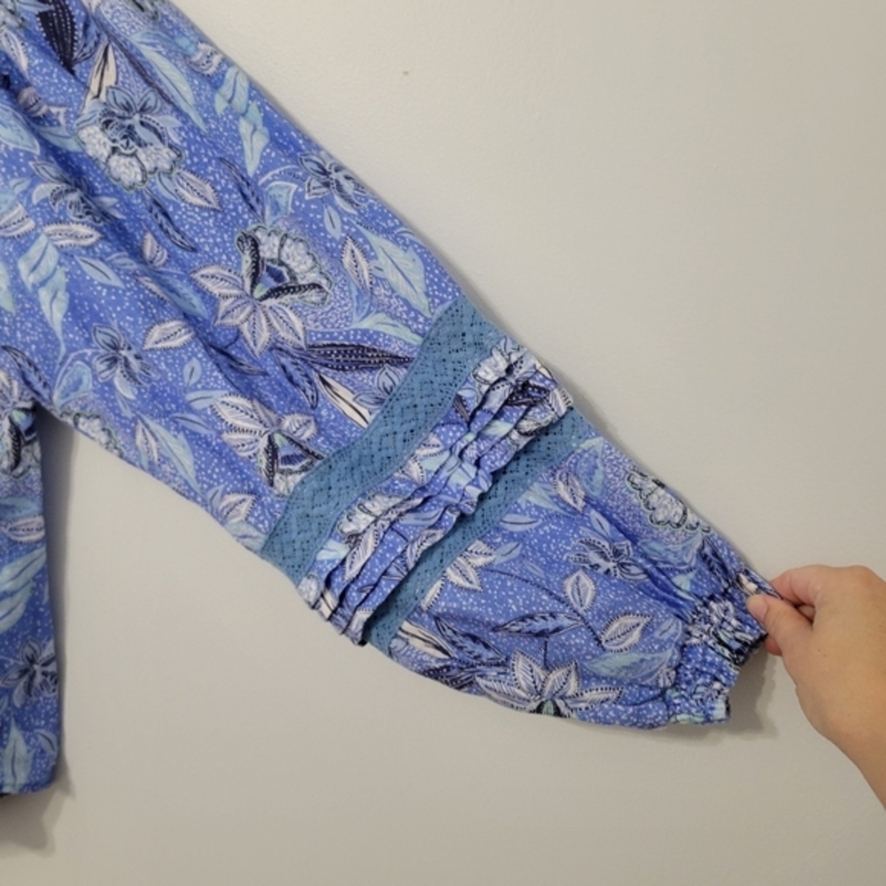 Hale Bob Women's Angelina Linen‎ Top Size M Periwinkle Blue Floral Euro Summer - Picture 7 of 13